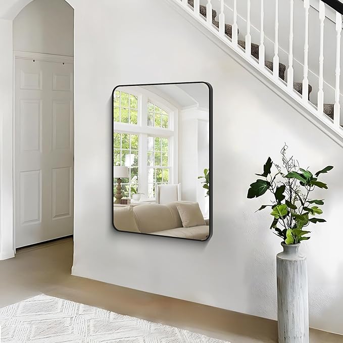 BONEWEI 30x40 inch Bathroom Mirror,Black Rectangle Mirror,Wall Mounted Bathroom Frame Vanity Mirror with Round Corner for Bedroom Living Room, Entryway Hangs Horizontal or Vertical