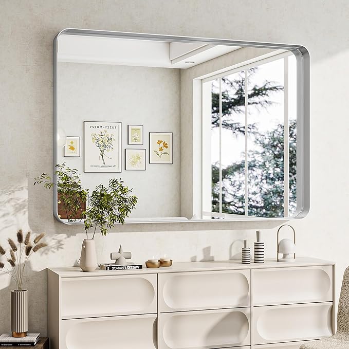 Bathroom Mirror Vanity for Over Sink Wall Mirror - 24x32 Inch Rounded Corner Rectangle Aluminum Frame Mirror,Hangs Horizontally or Vertically for Living Room Bedroom or Entryway Silver