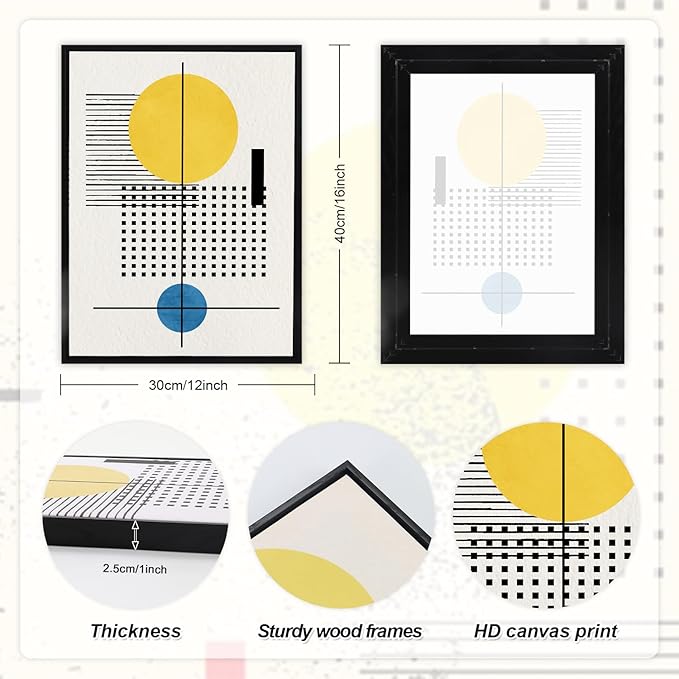 LHIUEM Mid-Century Modern Geometric Wall Art Framed Minimalist Large Painting Set of 3(12”X16”) Boho Black Framed Wall Decor Beige Bohemian Line Art Prints for Living Room Bedroom Gallery