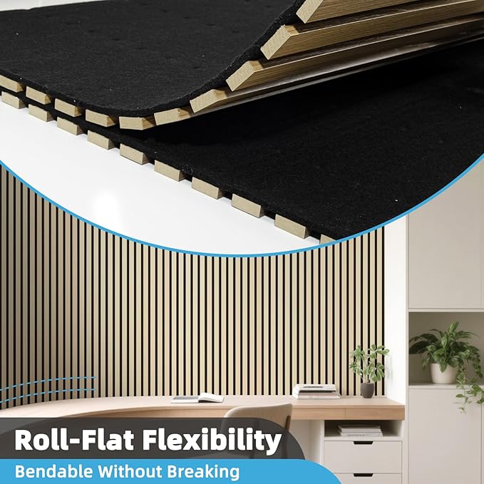 Art3d Acoustic Wood Slat Wall Panel with Roll-Flat Design - 95.3 x 23.8 Inch Sound Absorbing Panels for Living Room Columns Corridor Curved Wall Decor, 2-Pack Oak