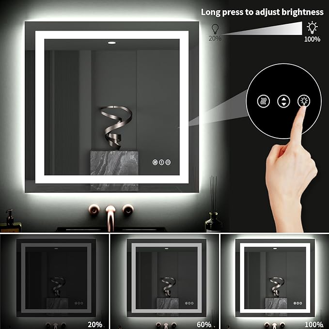 LOAAO 40"X38" LED Bathroom Mirror with Lights, Anti-Fog, Dimmable, Backlit + Front Lit, Lighted Bathroom Vanity Mirror for Wall, Memory Function, Tempered Glass, ETL Listed