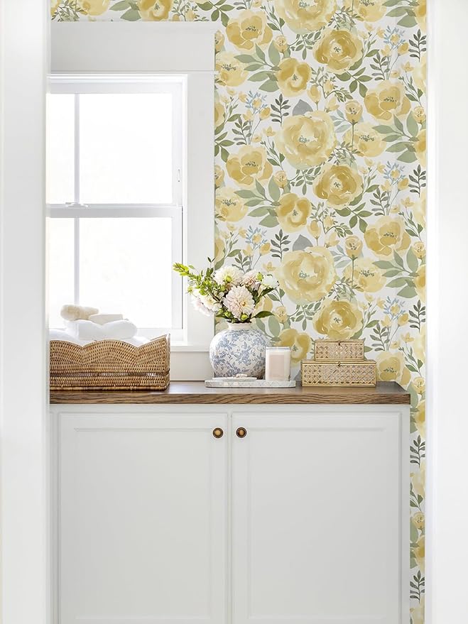 Orainege Floral Wallpaper Peel and Stick Wallpaper 16.9inx118.1in Self Adhesive Wallpaper Boho Contact Paper Removable Decorative Wall Paper for Bedroom Bathroom Shelf Liner Decor Vinyl,Yellow