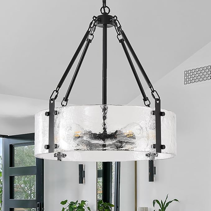 Black Dining Room Chandelier 20” Modern Textured Glass Chandelier 6-Light Drum Crystal Light Fixture Vintage Farmhouse Round Hanging Lighting for Kitchen Island Over Table