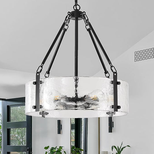 Black Dining Room Chandelier 20” Modern Textured Glass Chandelier 6-Light Drum Crystal Light Fixture Vintage Farmhouse Round Hanging Lighting for Kitchen Island Over Table