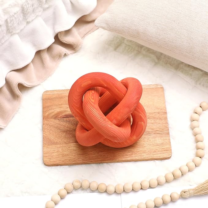 3 Link Wood Knot Decor - Hand Carved Coffee Table Decoration, Boho Chain Link Decor, Modern Shelf, Rustic Objects for Home Living Room Bedroom (Orange)