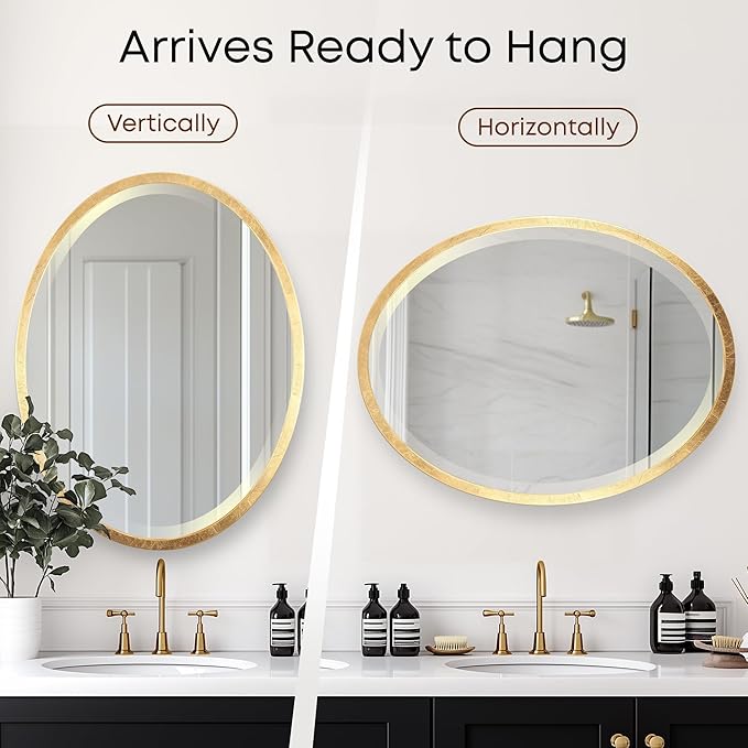 OVALCREST - Oval Wooden Beveled Wall Mirror for Home Decor, Bathroom, Vanity, Bedroom, Living Room, Hallway - London Style (Gold Leaf) 37.1 x 25.1