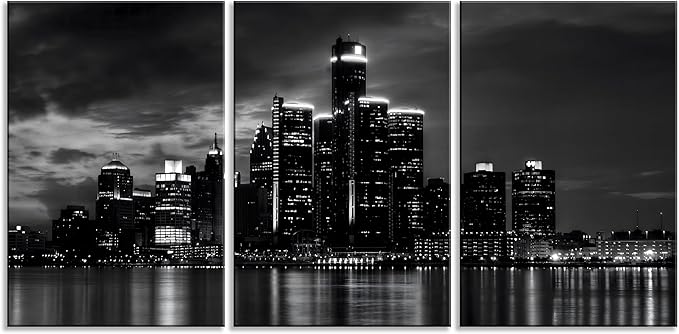 NAN Wind 3 Pcs Detroit Skyline Canvas Wall Art Cityscape Night Scene Black and White City Art Print on Canvas Modern Giclee Framed Painting for Room Decor Home Decor Detroit Skyline Picture Prints