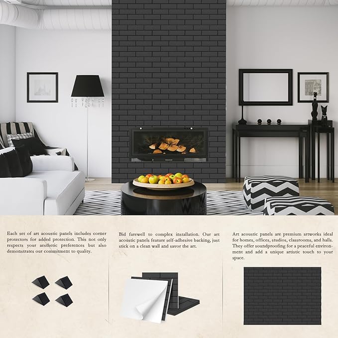 12Pack Acoustic Panels, Self-Adhesive 3D Brick Pattern Sound Proof Panels for Walls, Decorative Sound Dampening Wall Panels for Recording Studios, Offices, Home, 12"×12"×0.4", Black