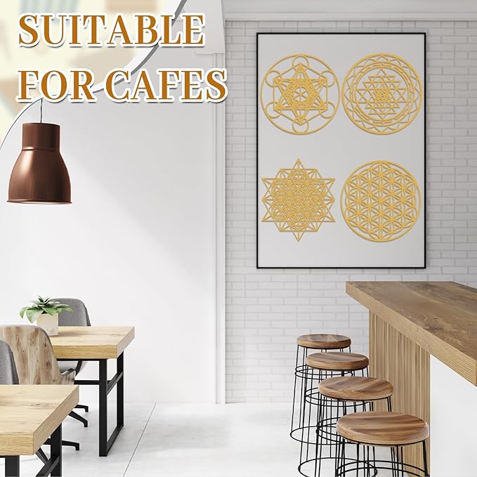 Leinuosen 4 Pcs 12 Inch Crystal Grid Board Sacred Geometric Wall Art Set Metatron Cube, Flower of Life, Sri Yantra, 64 Star Tetrahedron Pagan Decor Home Wall Decor for Room(Gold)