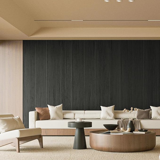 Art3d Slat Wood Wall Paneling for Interior and Ceiling Decoration - Pack of 4pcs + 1pc End-Trim, Size 108 x 5.7in.- Black