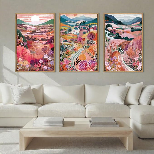 Anyzal Large Colorful Mountain Floral Wall Art Framed Pink Nature Landscape Painting Sunset Scenery Wall Decor for Living Room Bedroom Office 16x24 Inch Set of 3