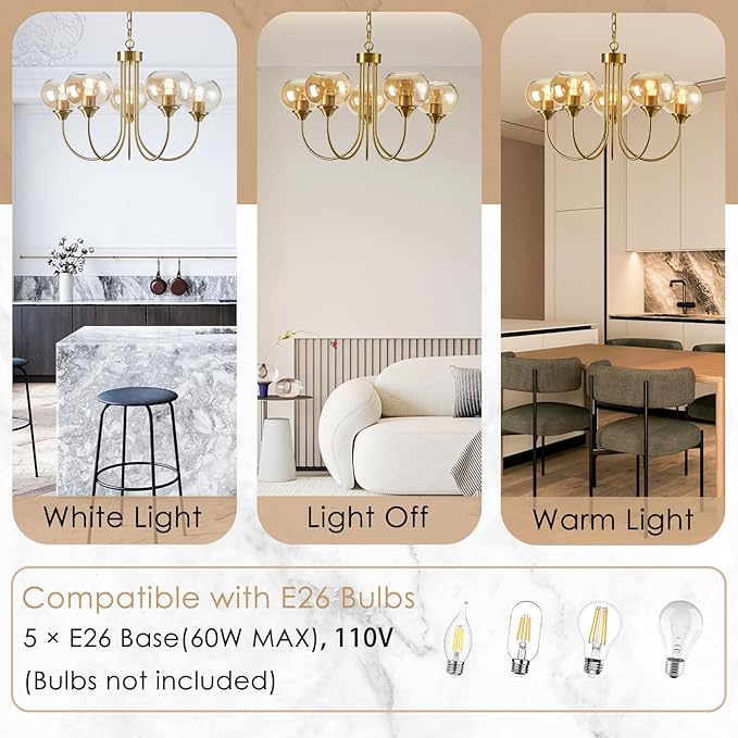 Mid Century Modern Globe Chandelier 5 Light Amber Glass Vintage Sputnik Chandeliers Gold Pendant Light Fixtures for Dining Room Kitchen Living Room Bedroom