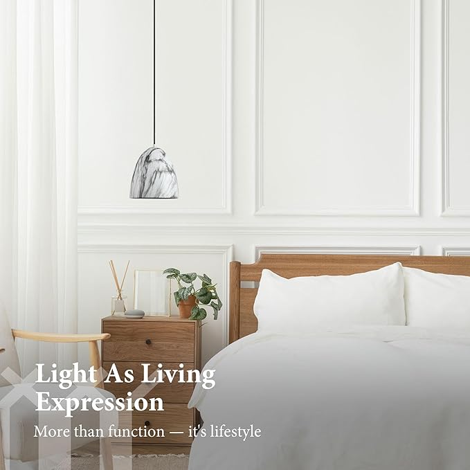 Modern Marble Pendant Light, 8.2"x7.9" Metal Hanging Light Fixture with Faux White Stone Finish, 15"-72" Adjustable Line, E26 Socket for Dining Room, Kitchen, Entryway, Bedroom – Ivory Quartz