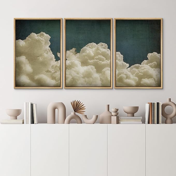 MUDECOR Framed Wall Art Print Set Vintage Cloudscape Dreamy Cotton Clouds Illustrations Modern Art Decorative Colorful Chic for Living Room, Bedroom, Office - 16"x24"x3 Natural