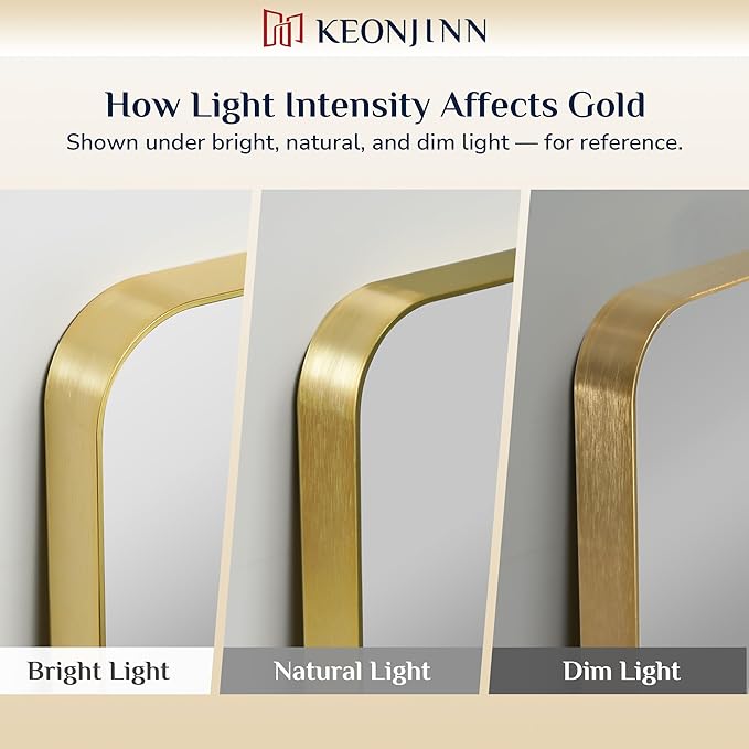 Keonjinn Gold Bathroom Mirror for Over Sink, 30" x 30" Brushed Brass Mirror, Large Rounded Rectangle Gold Vanity Mirror with Metal Frame, HD Tempered Glass Square Wall Mirror(Horizontal/Vertical)
