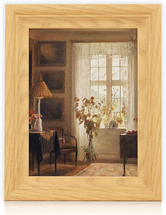 Brivoria Framed Canvas Wall Art Vintage Decor, Scandinavian Home Interior with Sunlit Window, Indoor Plants and Warm Autumn Light for Bedroom Kitchen Bookshelf Office or Tabletop Fall Display, 8"x10"