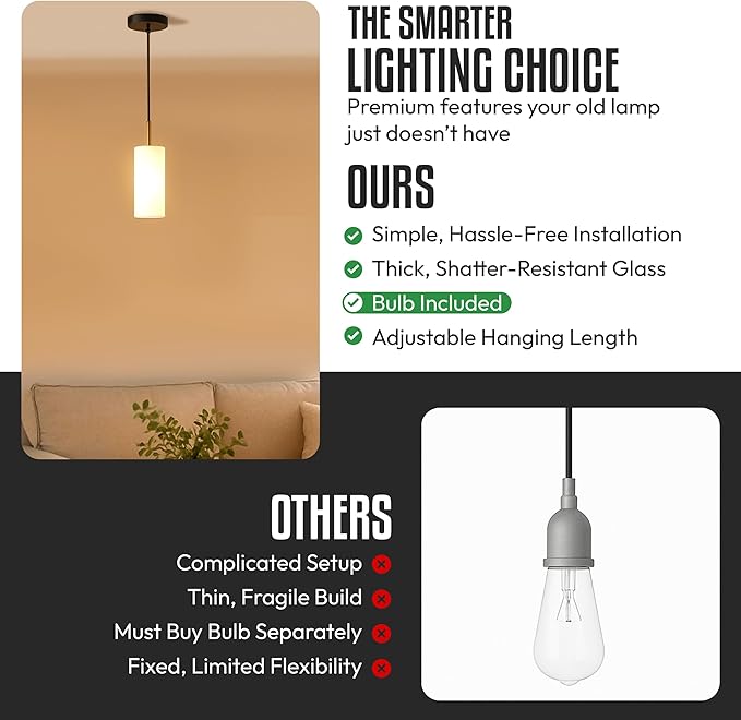 Luxury Black Pendant Light with Gold Finish and Warm White Bulb Included Adjustable Height - Farmhouse Pendant Light with Durable Glass for Dining Room Bedroom Office Bar Entryway