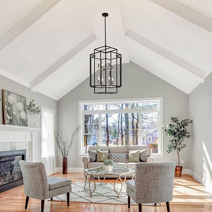 31.5" Farmhouse Chandelier, 8-Light Black & Silver Lantern Pendant Light, Modern Foyer Lighting Fixtures, Entryway Chandeliers for High Ceilings, for Living Room,Staircase,Hallway