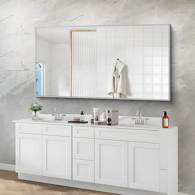 30x55In Silver Bathroom Mirror for Wall, Brushed Nickel Rectangle Mirrors with Metal Frame, Bathroom Rectangular Mirror Modern Wall Mirror for Bedroom Living Room, Hangs Horizontal or Vertical