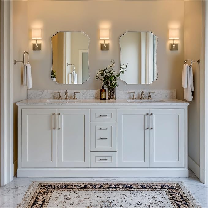 ANDY STAR 24"x32" Brushed Nickel Mirror, Scalloped Bathroom Wall Mirror with Metal Frame for Vanity, Vintage Design Ideal for Entryway, Living Room & Bedroom Decor