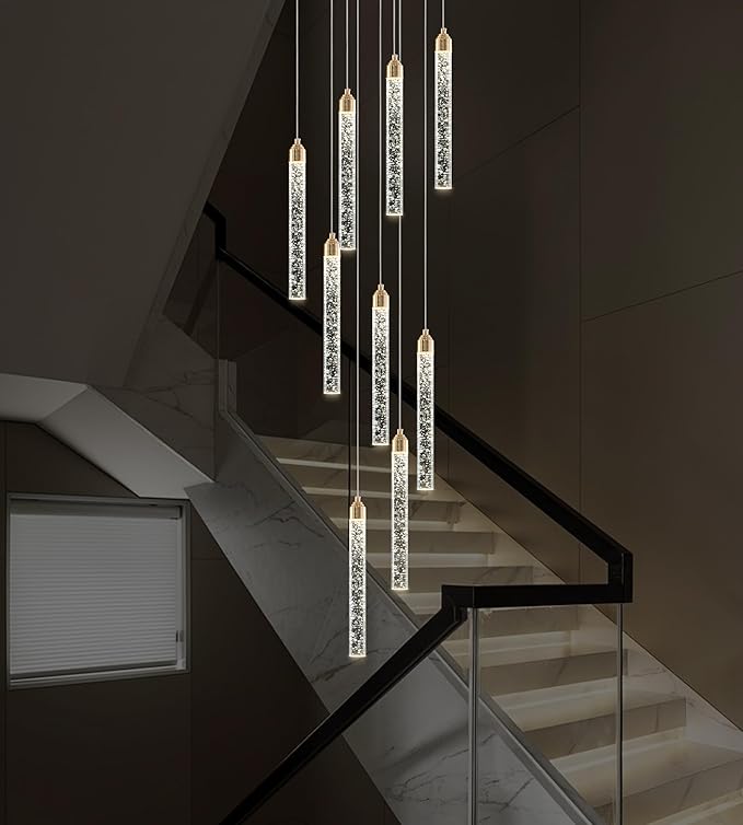 9-Light Gold High Ceiling Crystal Staircase Chandelier, Modern Spiral Raindrop Dimmable LED Bubble Cluster Ceiling Hanging Lighting Fixture for Foyer Living Room Entrance Remote Control