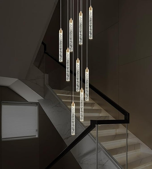 9-Light Gold High Ceiling Crystal Staircase Chandelier, Modern Spiral Raindrop Dimmable LED Bubble Cluster Ceiling Hanging Lighting Fixture for Foyer Living Room Entrance Remote Control