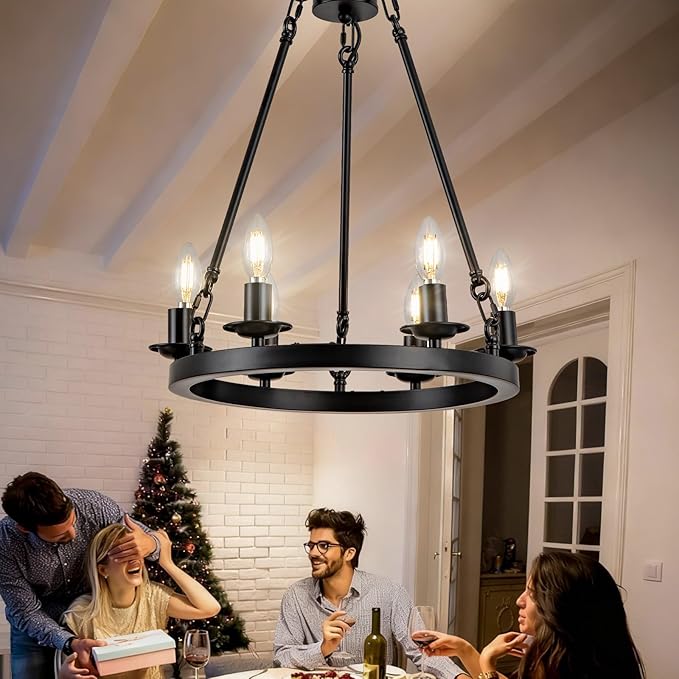 6-Light Black Wagon Wheel Chandelier, Modern Farmhouse Chandelier Rustic Industrial Round Small Wagon Wheel Light for Dining Room, Kitchen, Bedroom, Living Room,Entryways