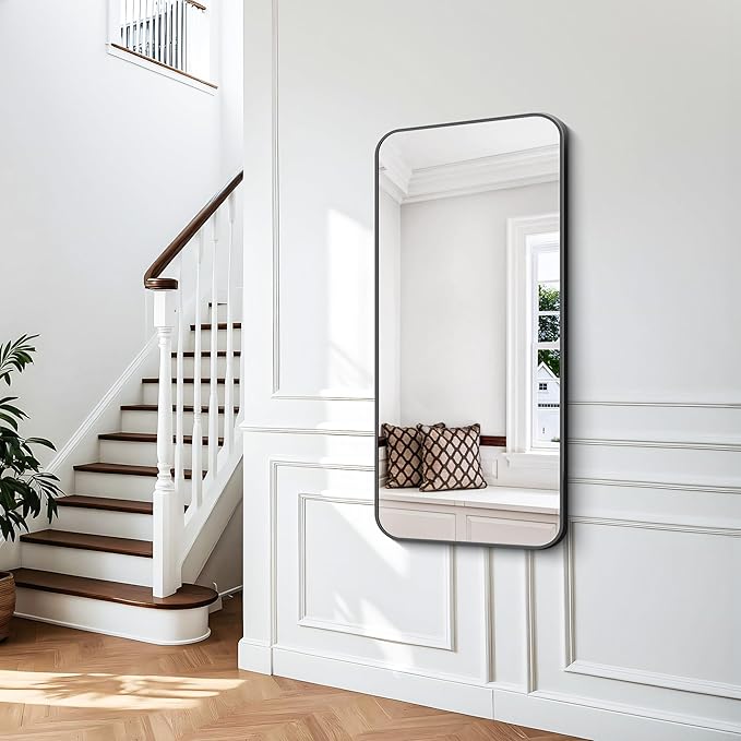 BONEWEI 24x48 inch Bathroom Mirror,Black Rectangle Mirror,Wall Mounted Bathroom Frame Vanity Mirror with Round Corner for Bedroom Living Room, Entryway Hangs Horizontal or Vertical