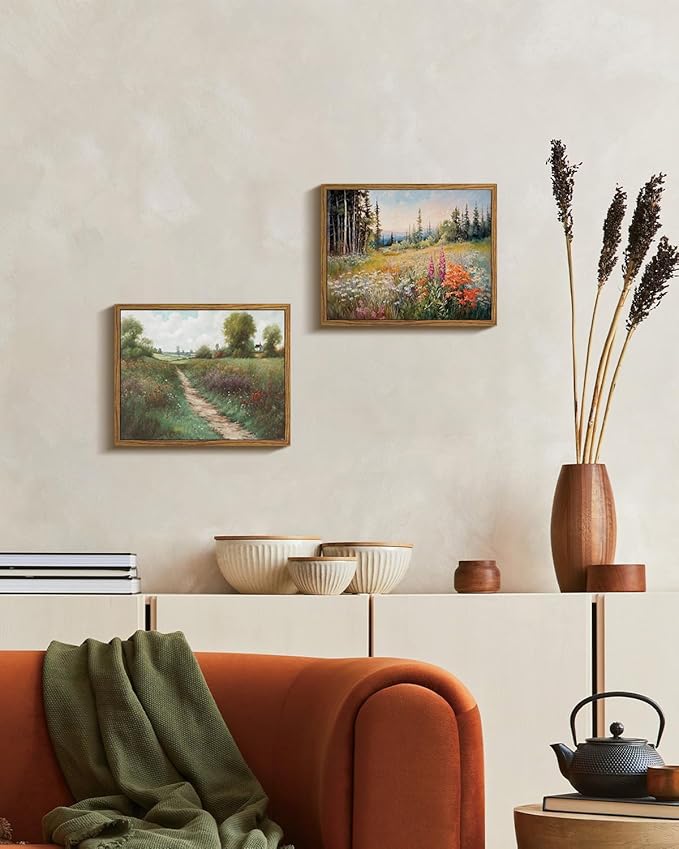 KISSFOX Vintage Framed Wall Art Mountain Meadow Wildflower Landscape Colorful Canvas Art Nature Serene Countryside Paintings Artwork Farmhouse Rustic Art Prints For Bedroom Bathroom Living Room