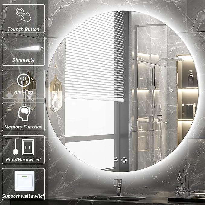 30 Inch Round LED Bathroom Mirror - 6000K Daylight Backlit, Anti-Fog & Dimmable, Frameless Waterproof Mirror with Touch Control, CRI90+, IP54 for Vanity & Makeup