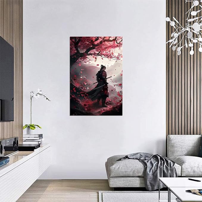 Japanese Samurai Wall Art Japan Warrior Plum Painting Canvas Prints Black and Red Picture Modern Watercolor Painting for Bedroom Living Room Office Home Decoration Framed (12''W x 16''H)