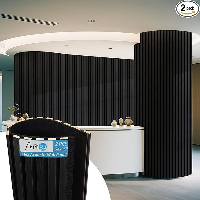 Art3d Acoustic Wood Slat Wall Panel with Roll-Flat Design - 95.3 x 23.8 Inch Sound Absorbing Panels for Living Room Columns Corridor Curved Wall Decor, 2-Pack Blackwood
