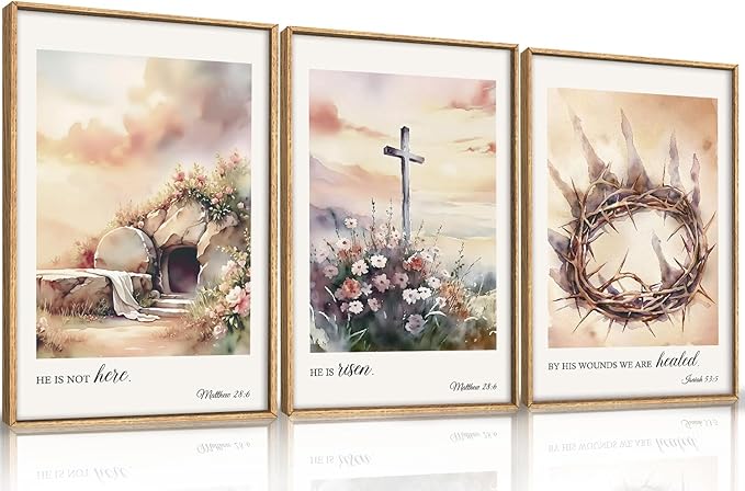 Ausril 3 Pcs Christian Cross Framed Wall Art Set, Jesus Empty Tomb Canvas Decor, Christian Religious Bible Painting, Jesus Crucifixion Risen Easter Print for Living Room, Bedroom, Church 24X36inch