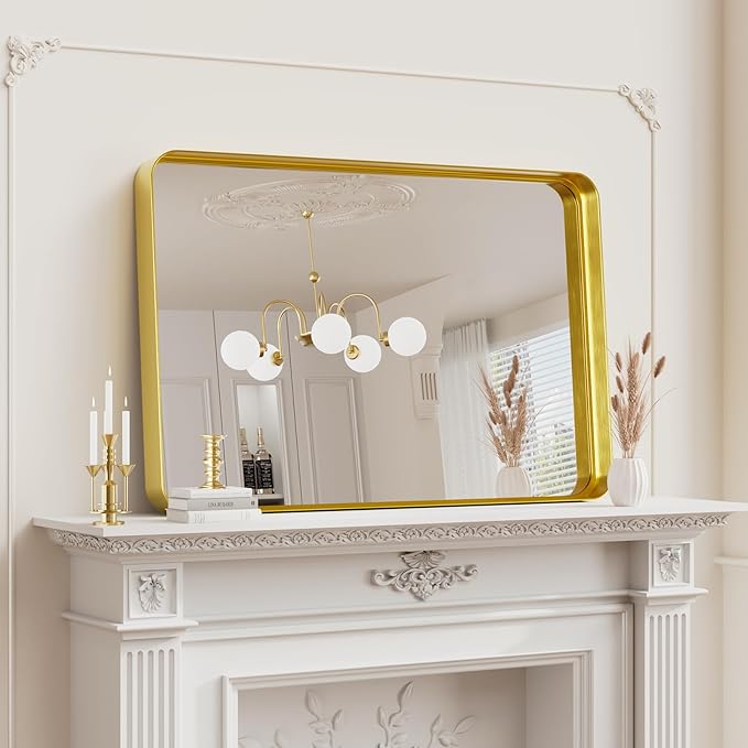 Koonmi Gold Wall Mirror for Bathroom, 24x36 Inch Matte Deep Framed Rounded Rectangle Vanity Mirror for Farmhouse Living Room, Tempered Glass, Anti-Rust, Vertically or Horizontally