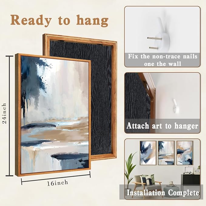 Large Blue Abstract Wall Art Framed Modern Artwork Neutral Wall Decor for Living Room Bedroom Office 16x24 Inch Set of 3