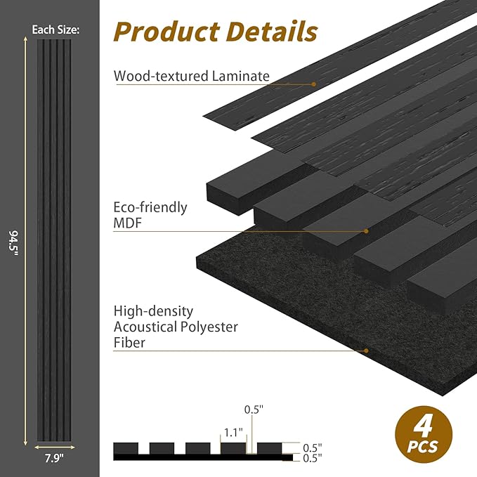 4-Piece Acoustic Wood Wall Panels for Wall and Ceiling, 3D Fluted Soundproof Wood Slat Wall Panels for Interior Wall Decor, 94.5" x 7.9"-Black