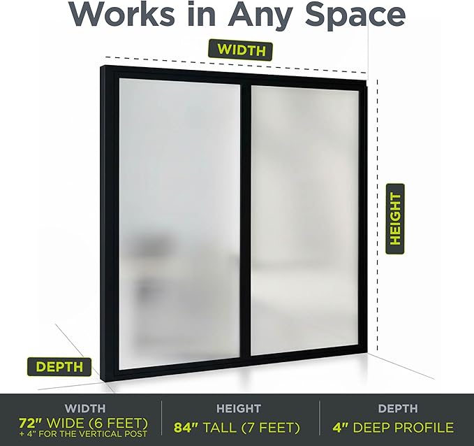2-Panel Stationary Frosted Glass Partition Kit - Tempered Glass Privacy Wall Divider Screen for Office, Room, Cubicle, Desk - Commercial & Residential Separator - 4" D x 72" W x 84" H, Black Frame