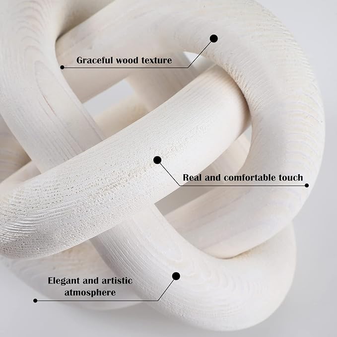 3 Link Wood Knot Decor - Hand Carved Coffee Table Decoration, Boho Chain Link Decor, Modern Shelf, Rustic Objects for Home Living Room Bedroom(White)