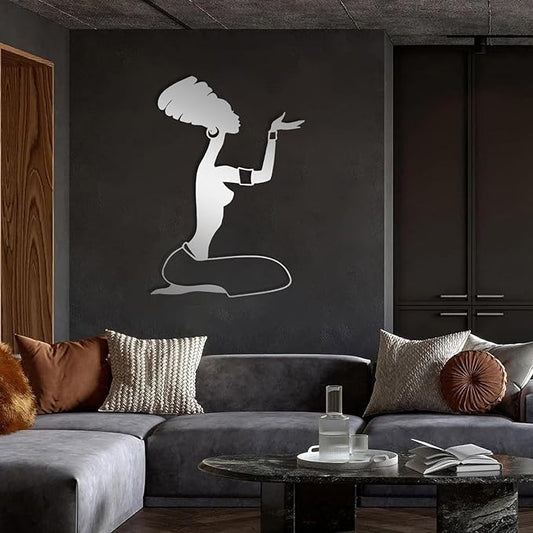 Metal African Woman Wall Art, Black Woman Wall Art, African American Figurines Decor, African Art Sculptures, Tribal Wall Art, Modern Abstract Wall Art, Wall Hangings for Living Room (Silver, 35"x25"|90x63cm)