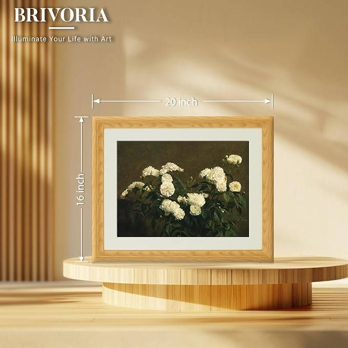 Brivoria Framed Canvas Wall Art Vintage Decor, Antique Botanical Floral Print with White Roses and Rustic Autumn Background for Living Room Dining Room Gallery Wall or Fireplace Display, 16"x20"