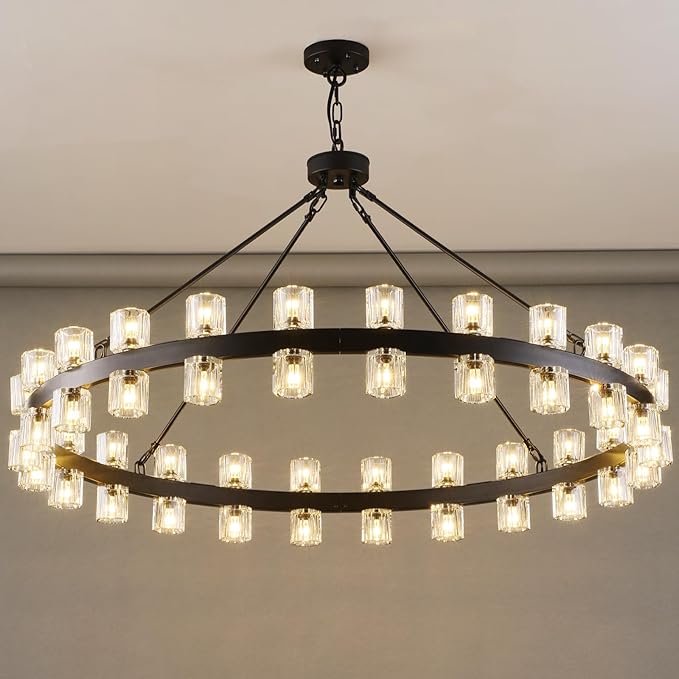 48 Inch Black Wagon Wheel Chandelier with Crystal Shade, Crystal Chandelier, Modern Farmhouse Style, Ideal for Dining Room, Kitchen, Entryways,48 Lights (Bulbs Included)