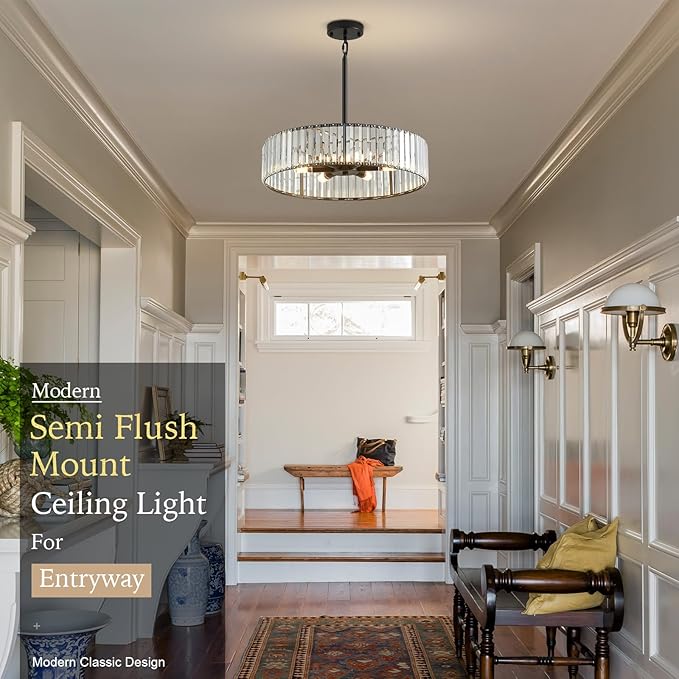 Modern Crystal Black Chandelier for Dining Room,19.7 inch Semi Flush Mount Ceiling Dining Room Light Fixture with E12 Base*6,Round Pendant Lighting for Bedroom Hallway Bathroom Foyer Kitchen