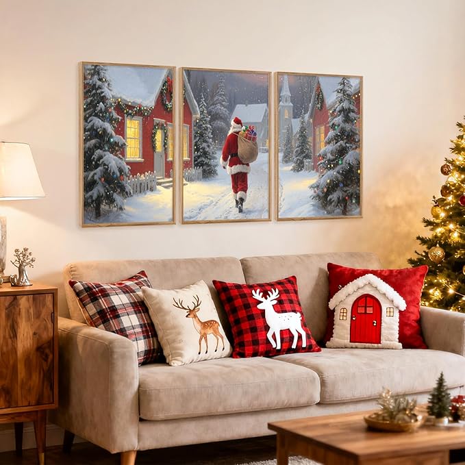 Aurlan Santa Claus is Coming to Town Framed Wall Art(16"x24"), 3PCS Vintage Christmas Winter Holiday Canvas Artwork, Large Xmas Snow Forest Cabin Cottagecore Decor for Home Office Bedroom