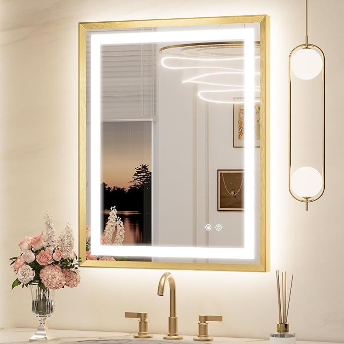 Keonjinn Gold LED Bathroom Mirror 24 x 30 Inch, Frontlit & Backlit Bathroom Mirror with Lights, Brushed Beveled Framed, Tempered Glass, UL Listed LED Driver, 3 Color Temperature, Anti-Fog, Dimmable