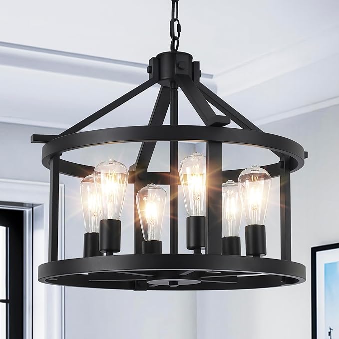 21.5'' Large Black Chandeliers Farmhouse Light Fixtures Vintage Rustic Cage Pendant Light Kitchen Island for Dining Room Foyer Entryway Living Room