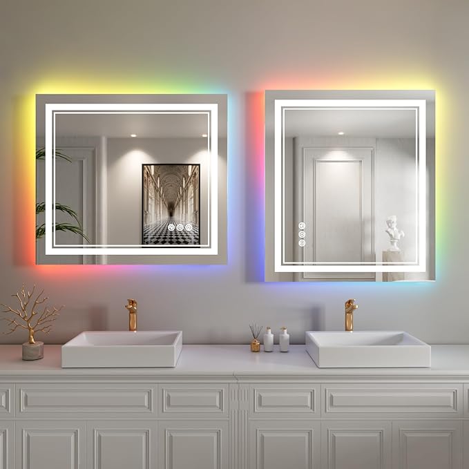 28x32 inch LED Bathroom Mirror with RGB Lights Color Changing Backlit Mirror Shatterproof Dimmable Anti-Fog Lighted Vanity Mirror (RGB Multicolor Backlit + Adjustable Front-Lighted)