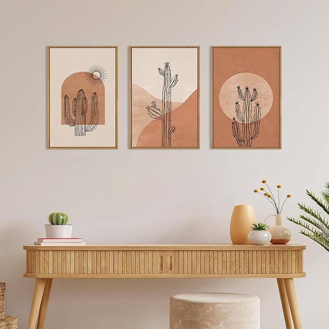 Ausril Boho Minimalist Cactus Framed Canvas Wall Art Set, Mid Century Saguaro Wall Decor, Abstract Geometric Desert Wall Painting, Beige Brown Plant Art Prints for Living Room, Bedroom, Office 16"X24"X3