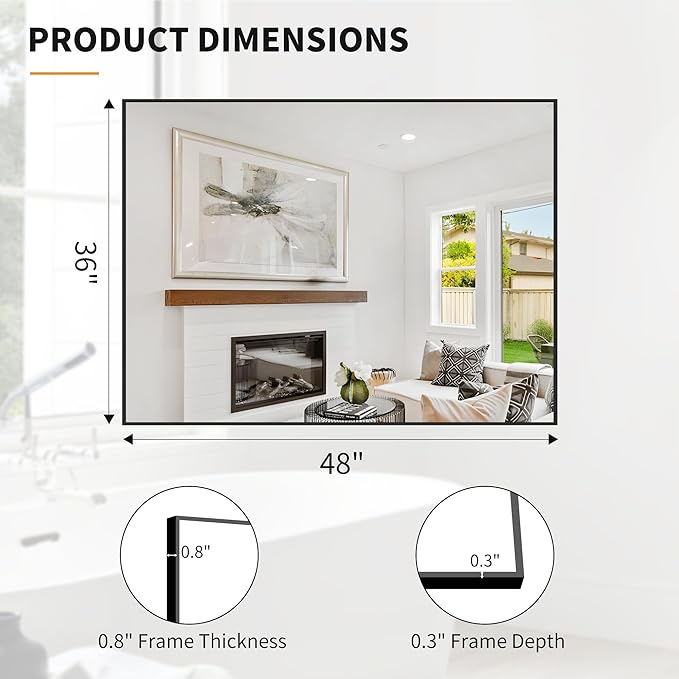 KOCUUY Bathroom Mirror Black, 48x36 Inch Rectangle Wall Mirror with Metal Frame, Black Vanity Mirror Modern Home Decor for Bathroom, Living Room, Farmhouse, Entryway, Hang Horizontal/Vertical