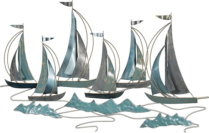 Afternoon Regatta Sailboat Wall Sculpture | Dimensional Nautical Sail Boat Coastal Metal Wall Art Decor | Sailboats Ocean Sea Waves Sailing Ship | Large 43 Inches Maritime Sail Boats Ships Sculpture