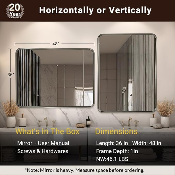 ANDY STAR 48x36 Inch Brushed Nickel Bathroom Mirror, Rounded Rectangle Bathroom Vanity Mirrors for Wall, Anti-Rust SUS304, Seamless Tube Metal Frame, 1’’ Deep Wall Mounted Vertically/Horizontal